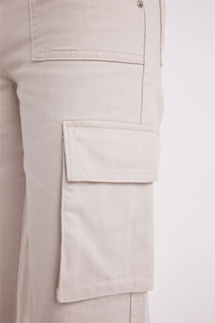 WOMAN Beige Wide Leg Cargo High Waist Standard Gabardine Trousers