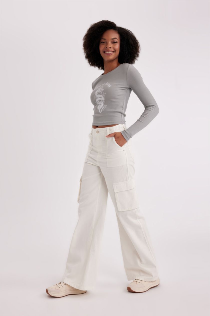 Женщины Бежевый Wide Leg Cargo из габардина