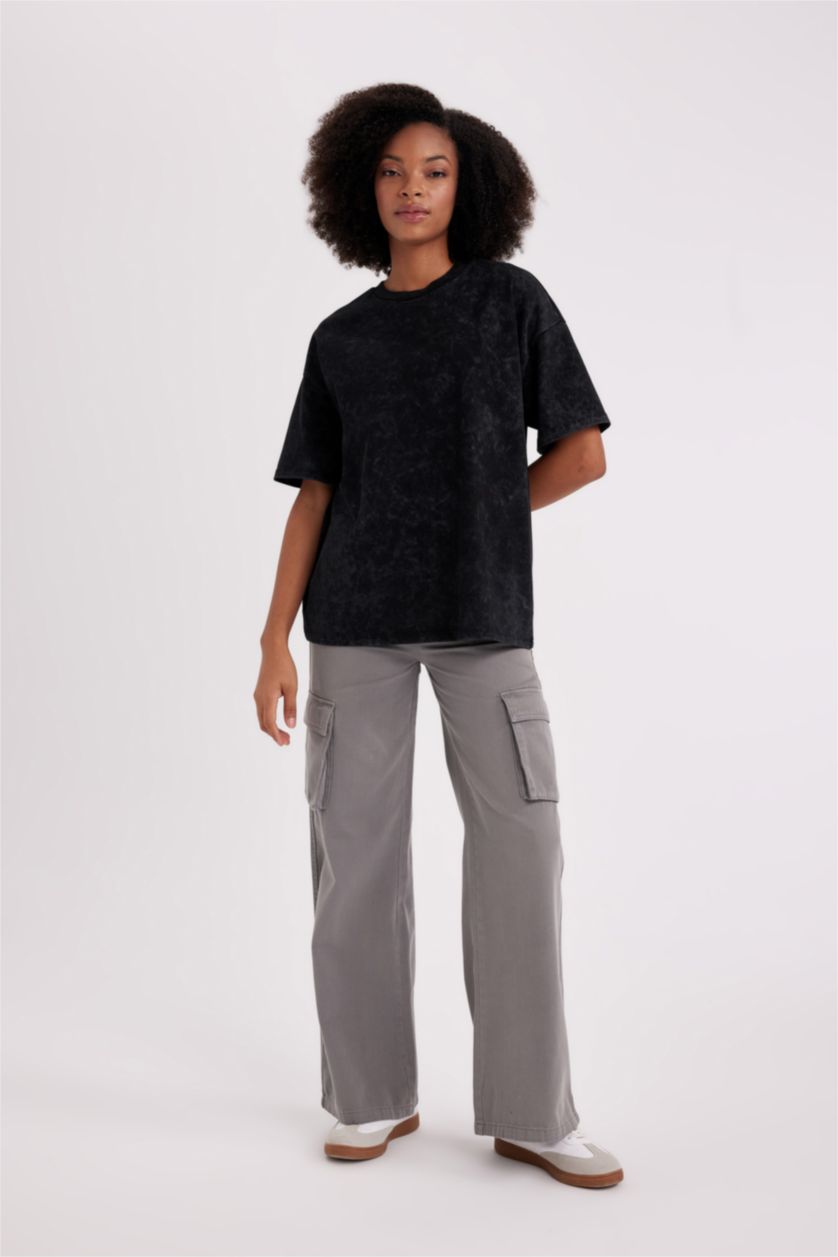 WOMAN Grey Wide Leg Cargo High Waist Standard Gabardine Trousers