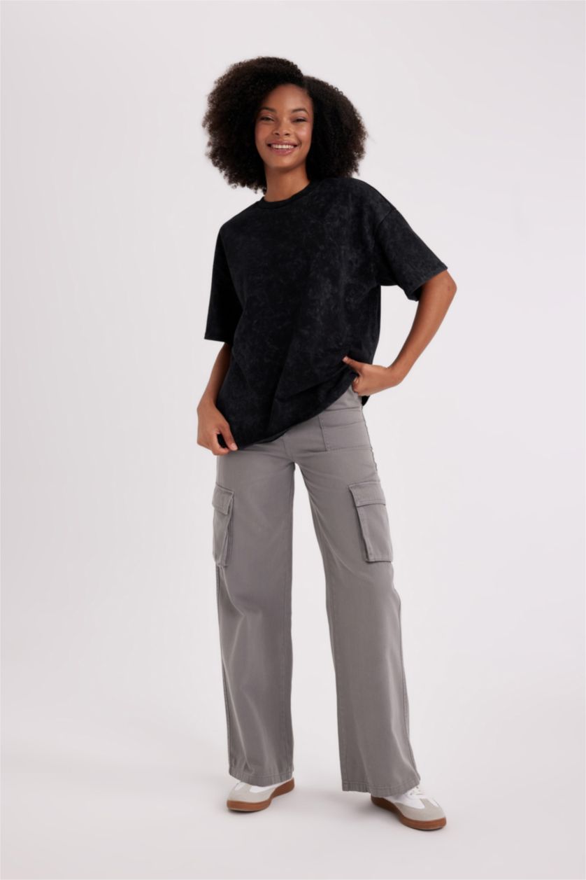 WOMAN Grey Wide Leg Cargo High Waist Standard Gabardine Trousers