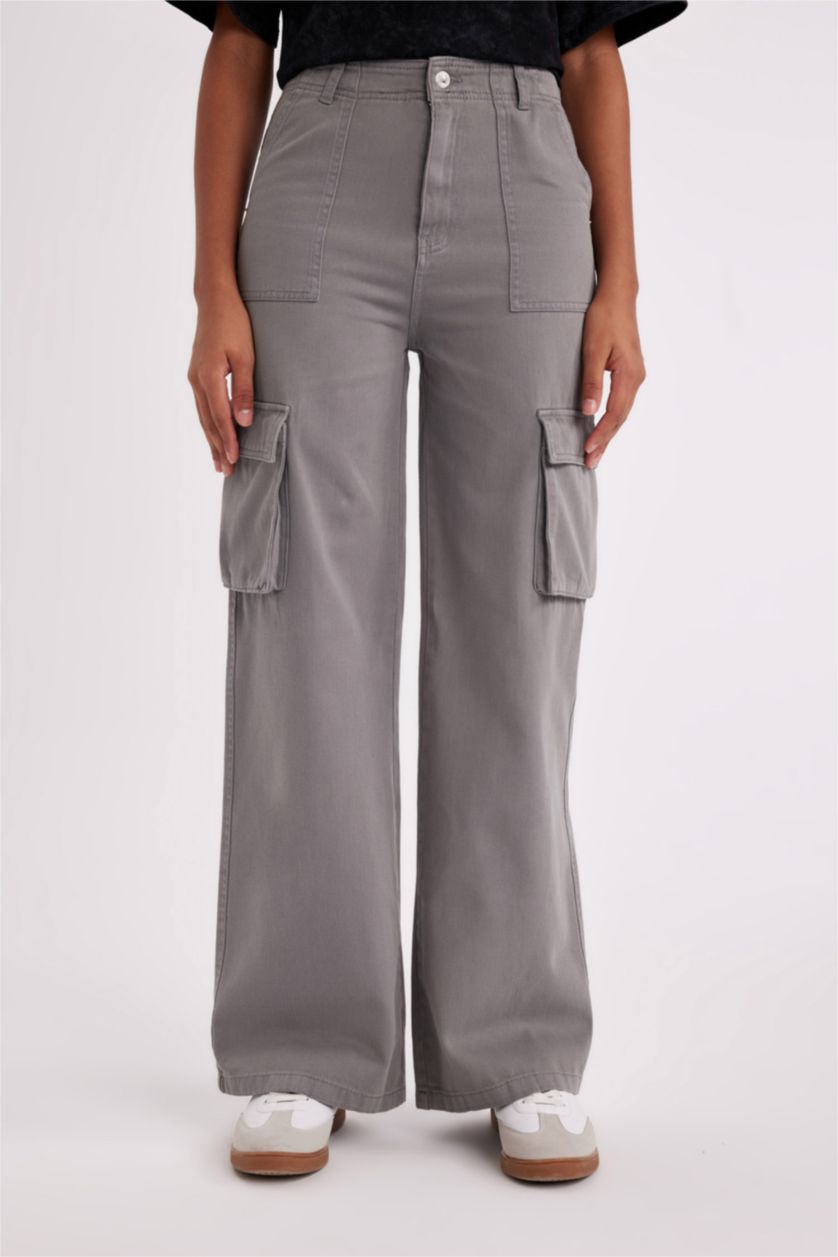 WOMAN Grey Wide Leg Cargo High Waist Standard Gabardine Trousers