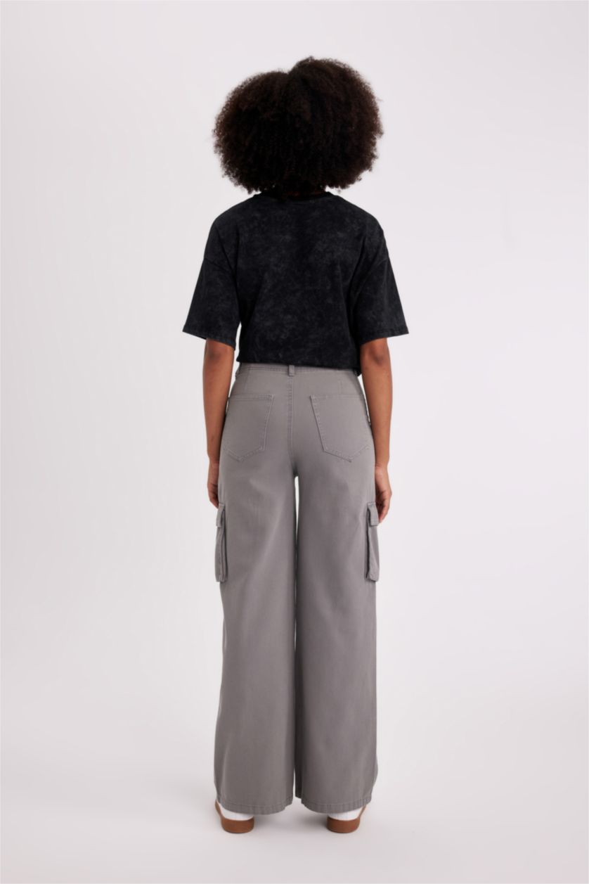 WOMAN Grey Wide Leg Cargo High Waist Standard Gabardine Trousers