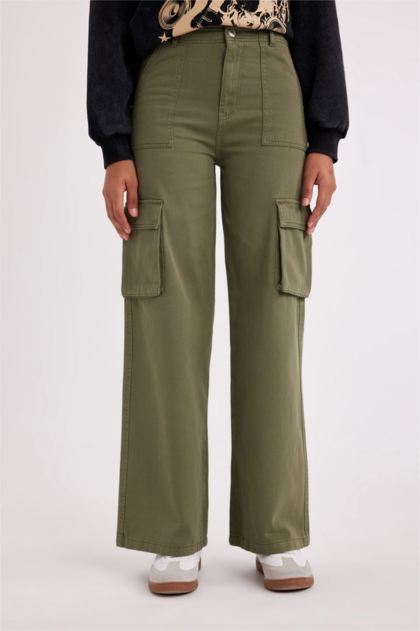 نساء كاكي فاتح بنطلون جينز وايد ليج برجل عريض وخصر عالي