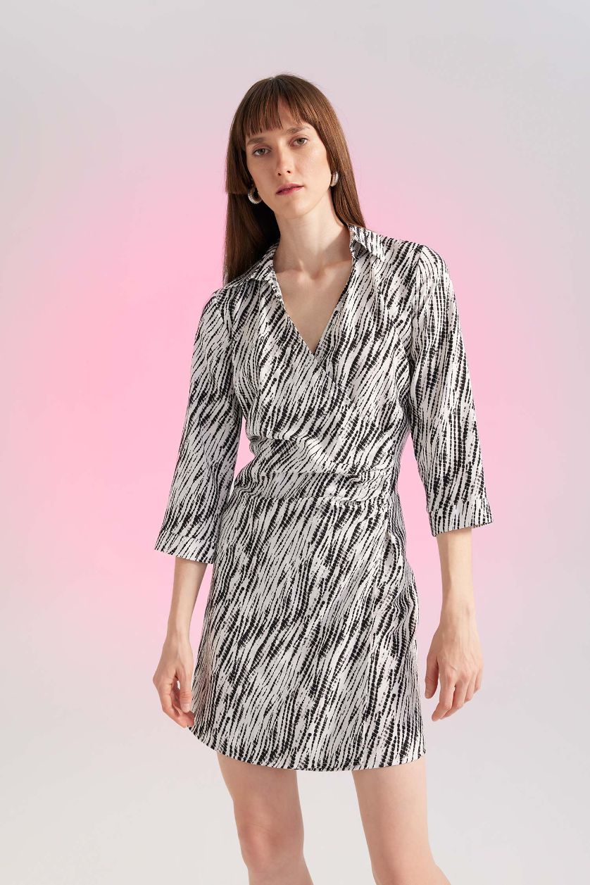 WOMAN Ecru Shirt Collar Tie Dye Aerobin Mini Long Sleeve Dress