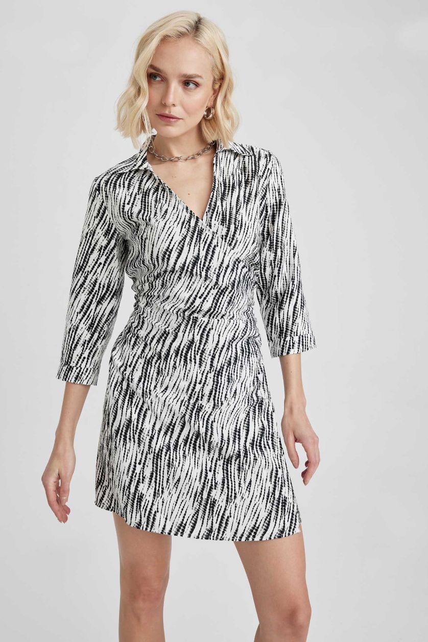 WOMAN Ecru Shirt Collar Tie Dye Aerobin Mini Long Sleeve Dress