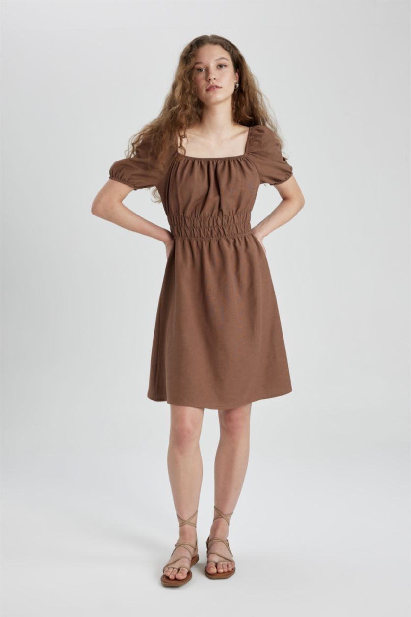 Kadın Kahve Kare Yaka Keten Kısa Kollu Mini Elbise