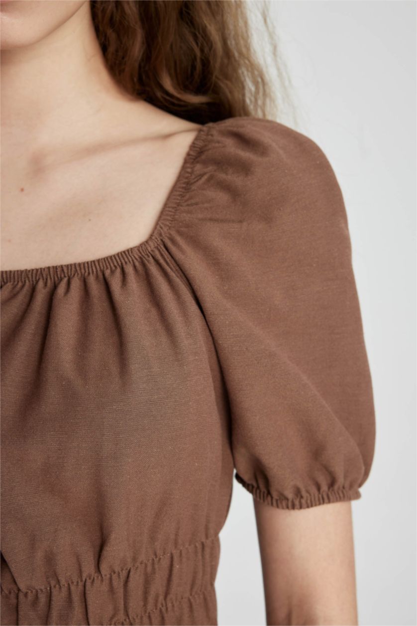 Kadın Kahve Kare Yaka Keten Kısa Kollu Mini Elbise