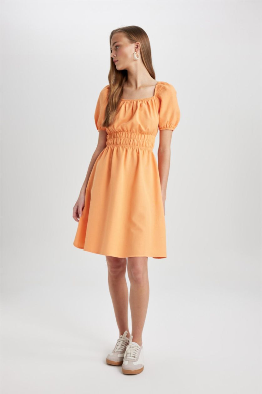 WOMAN Light Orange Square Neck Linen Short Sleeve Mini Dress