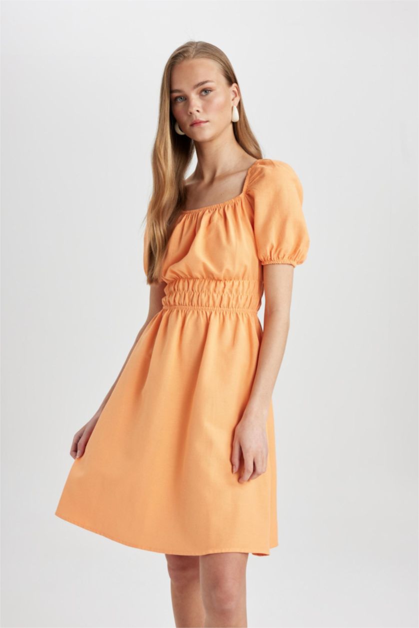 WOMAN Light Orange Square Neck Linen Short Sleeve Mini Dress