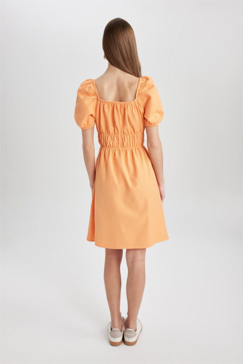 WOMAN Light Orange Square Neck Linen Short Sleeve Mini Dress