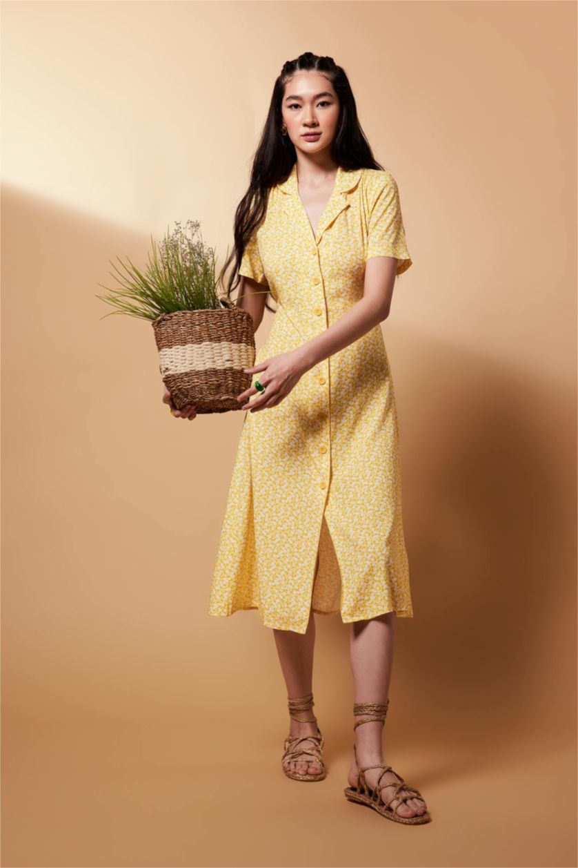 WOMAN Yellow A-Line Shirt Collar Floral Midi Short Sleeve Dress