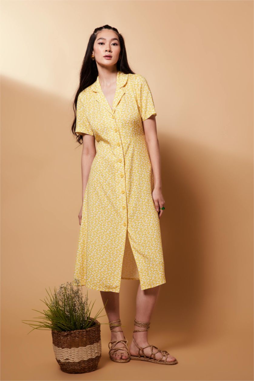WOMAN Yellow A-Line Shirt Collar Floral Midi Short Sleeve Dress