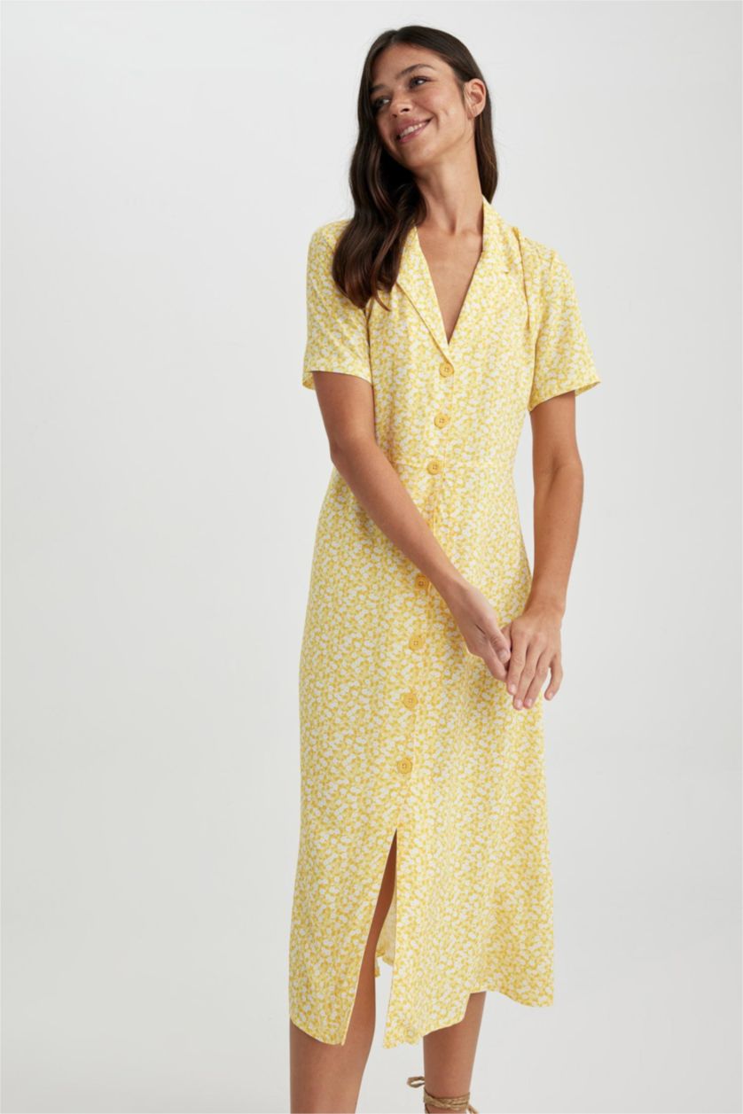 WOMAN Yellow A-Line Shirt Collar Floral Midi Short Sleeve Dress