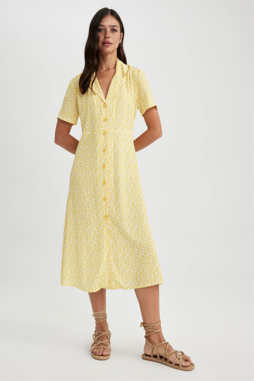 WOMAN Yellow A-Line Shirt Collar Floral Midi Short Sleeve Dress