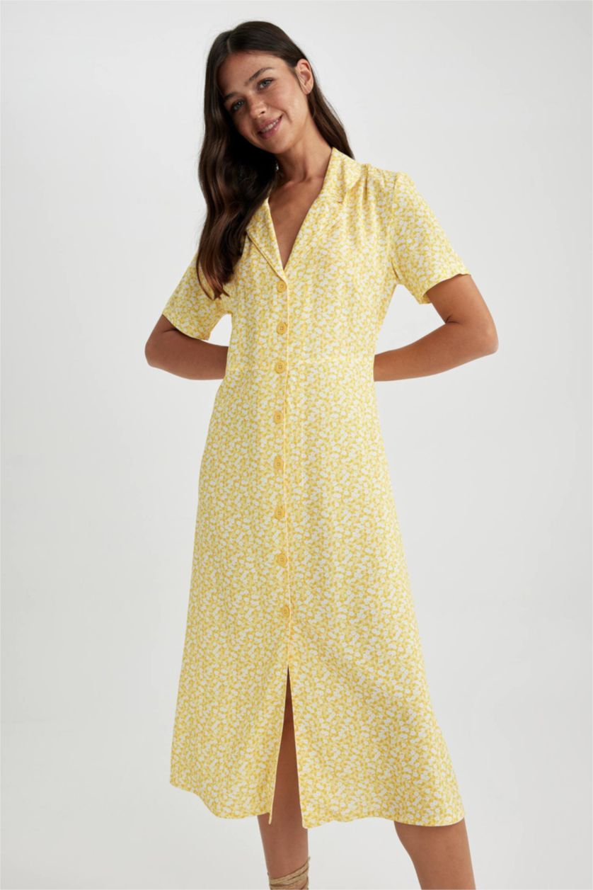 WOMAN Yellow A-Line Shirt Collar Floral Midi Short Sleeve Dress