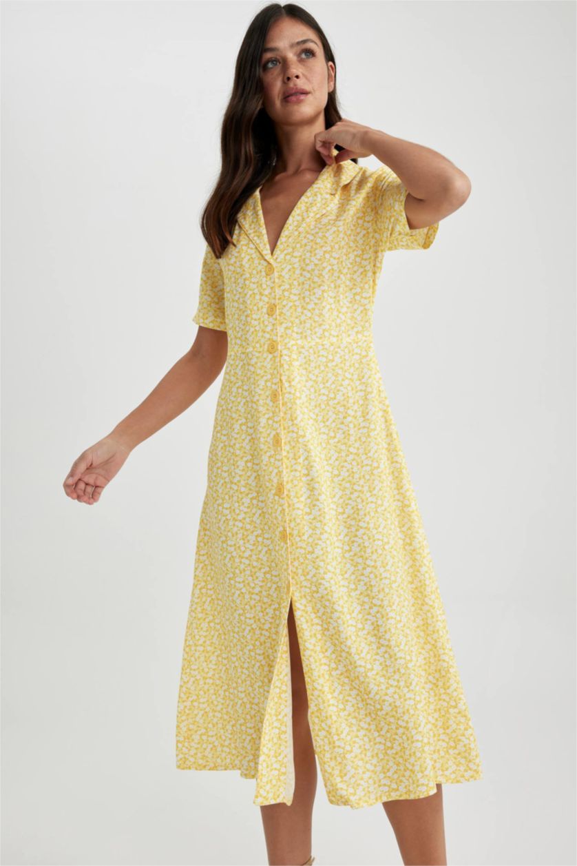 WOMAN Yellow A-Line Shirt Collar Floral Midi Short Sleeve Dress