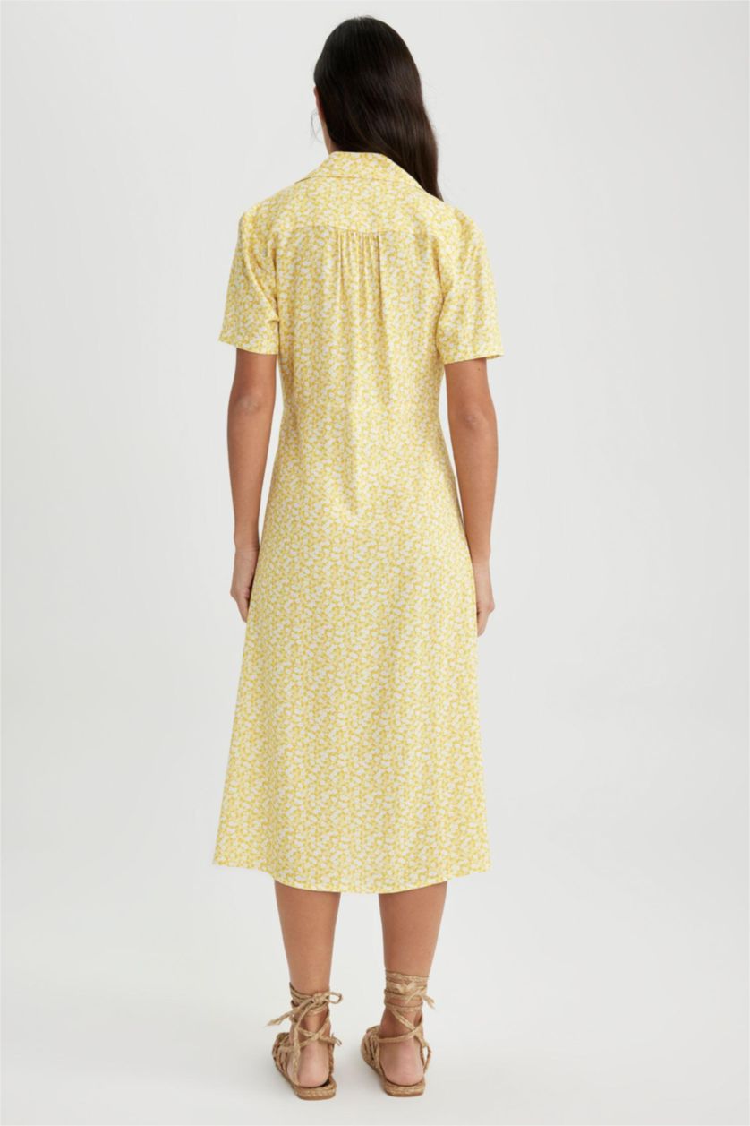 WOMAN Yellow A-Line Shirt Collar Floral Midi Short Sleeve Dress