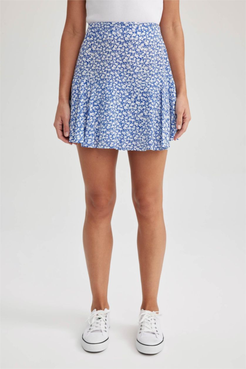 حريمي أزرق فاقع جيبة قصيرة منقوش