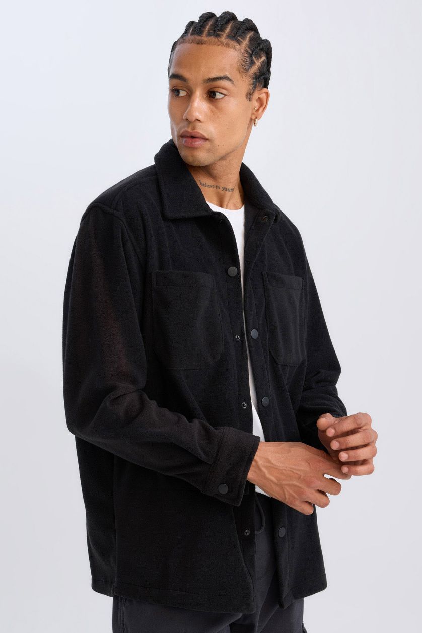 Man Black Relax Fit Long Sleeve Fleece Shirt