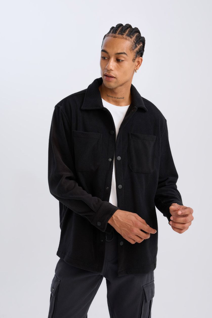 Man Black Relax Fit Long Sleeve Fleece Shirt