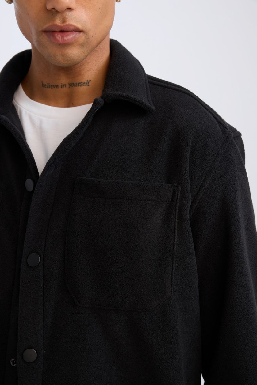 Man Black Relax Fit Long Sleeve Fleece Shirt