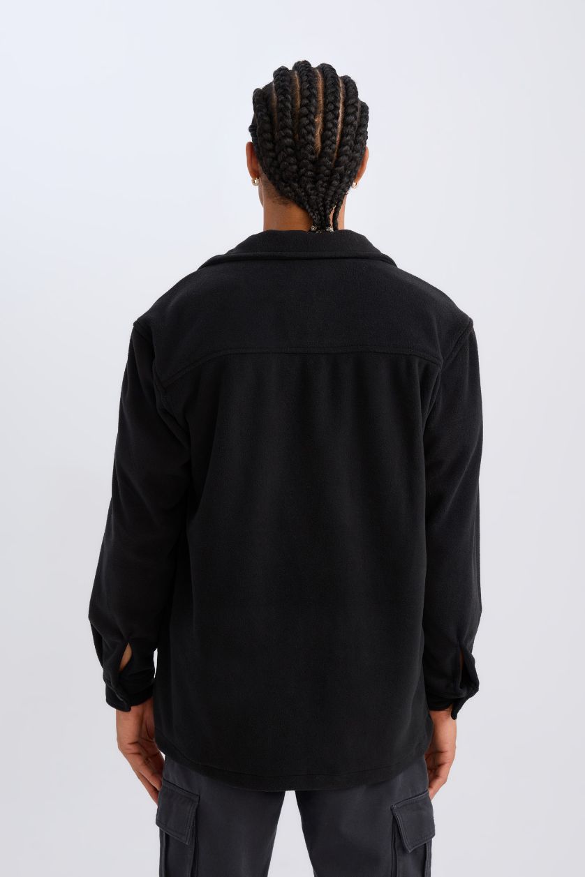 Man Black Relax Fit Long Sleeve Fleece Shirt
