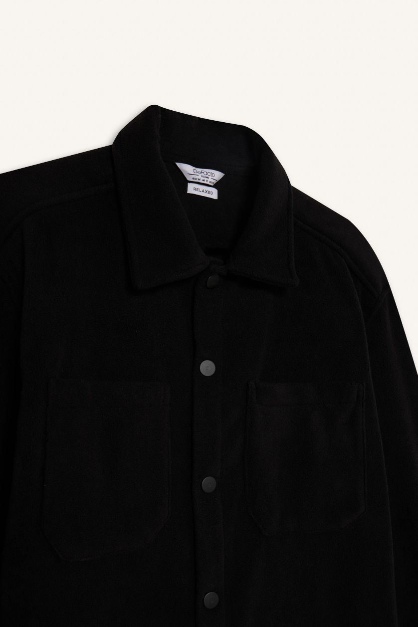 Man Black Relax Fit Long Sleeve Fleece Shirt