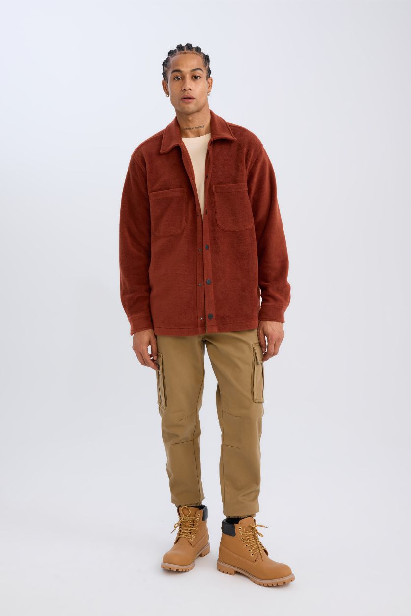 Erkek Bordo Relax Fıt Polar Uzun Kollu Gömlek