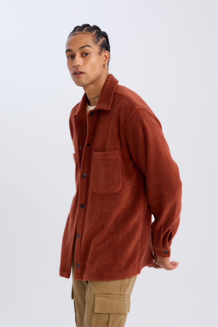 Erkek Bordo Relax Fıt Polar Uzun Kollu Gömlek