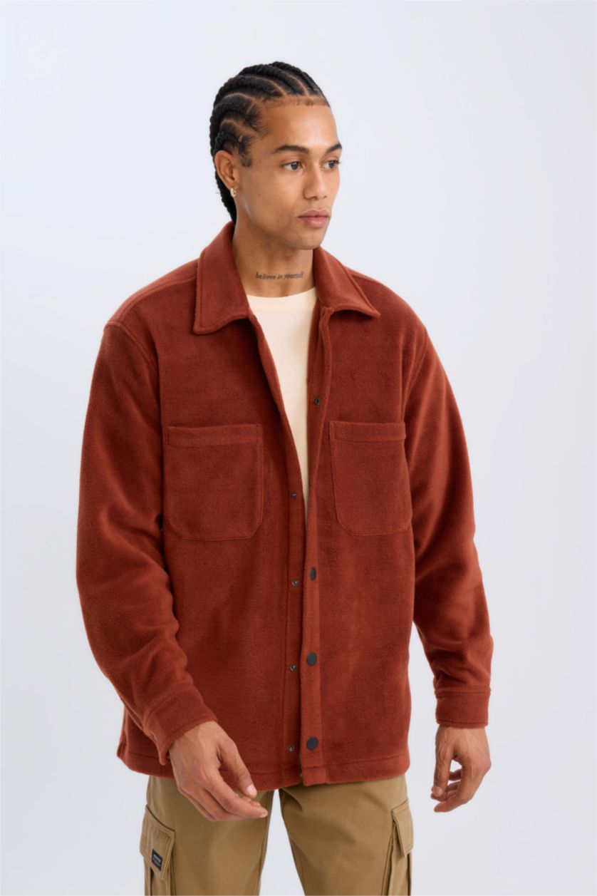 Erkek Bordo Relax Fıt Polar Uzun Kollu Gömlek