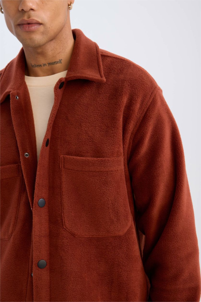 Erkek Bordo Relax Fıt Polar Uzun Kollu Gömlek