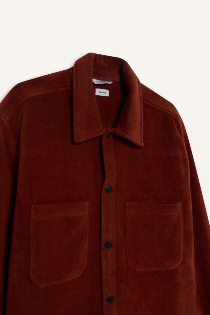 Erkek Bordo Relax Fıt Polar Uzun Kollu Gömlek