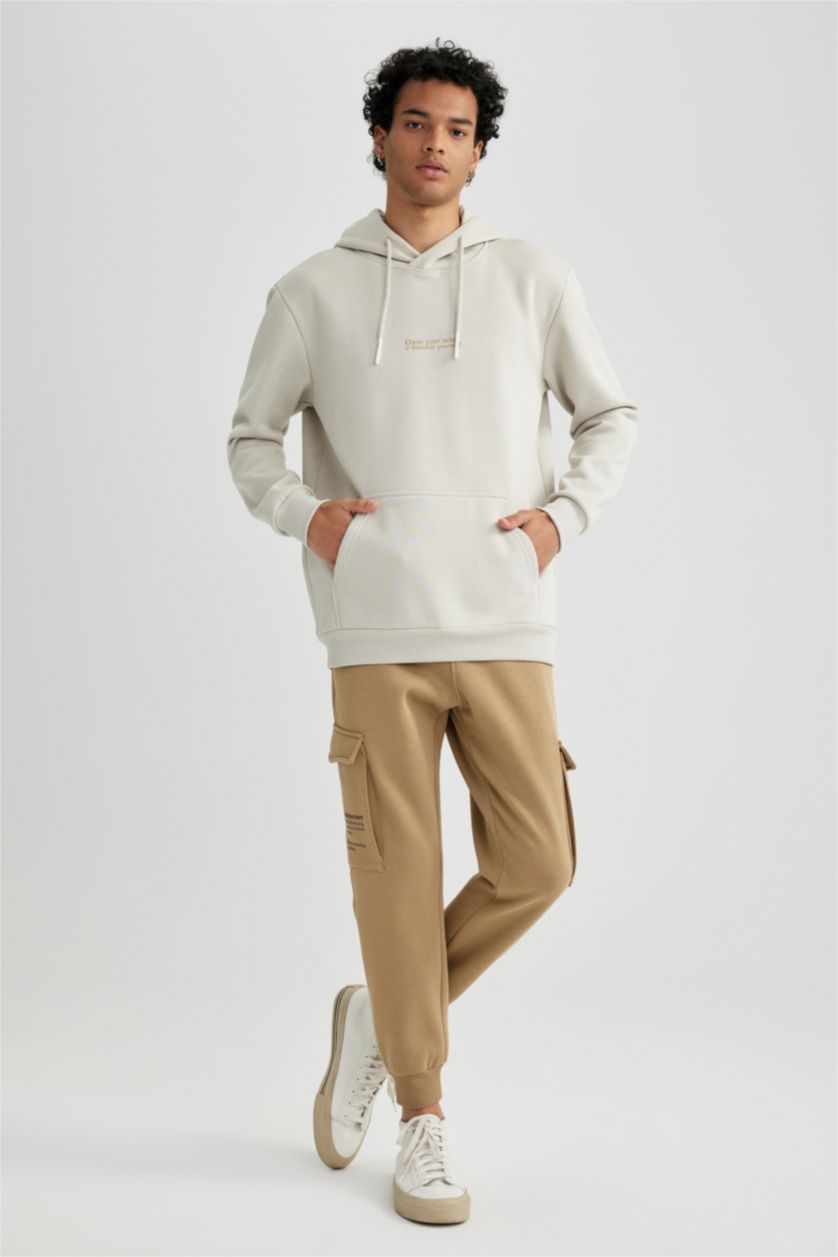 HOMME Beige Sweat- Shirt Coupe Régulière Imprimé Encapuchonné