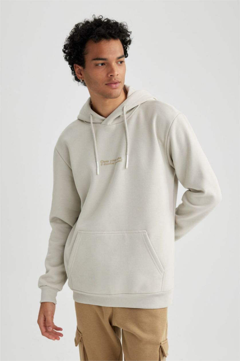 HOMME Beige Sweat- Shirt Coupe Régulière Imprimé Encapuchonné