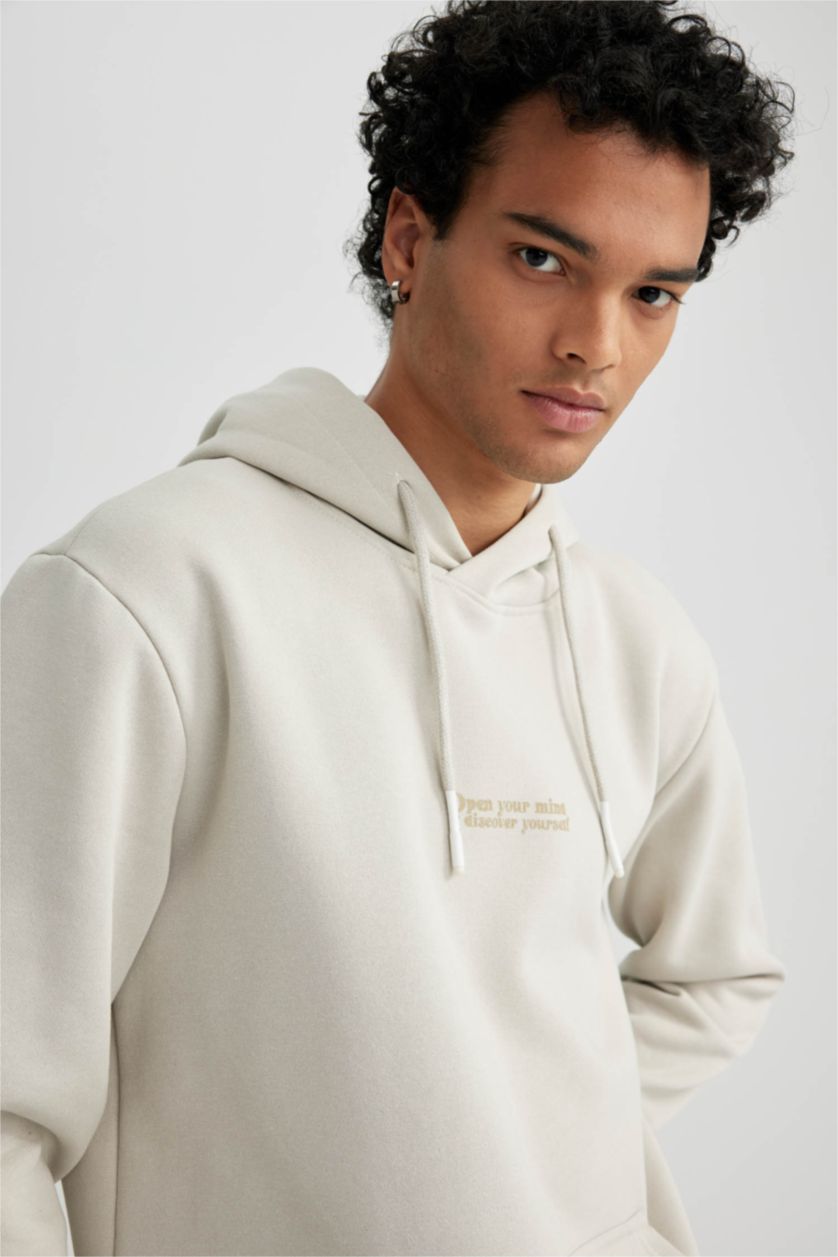 HOMME Beige Sweat- Shirt Coupe Régulière Imprimé Encapuchonné