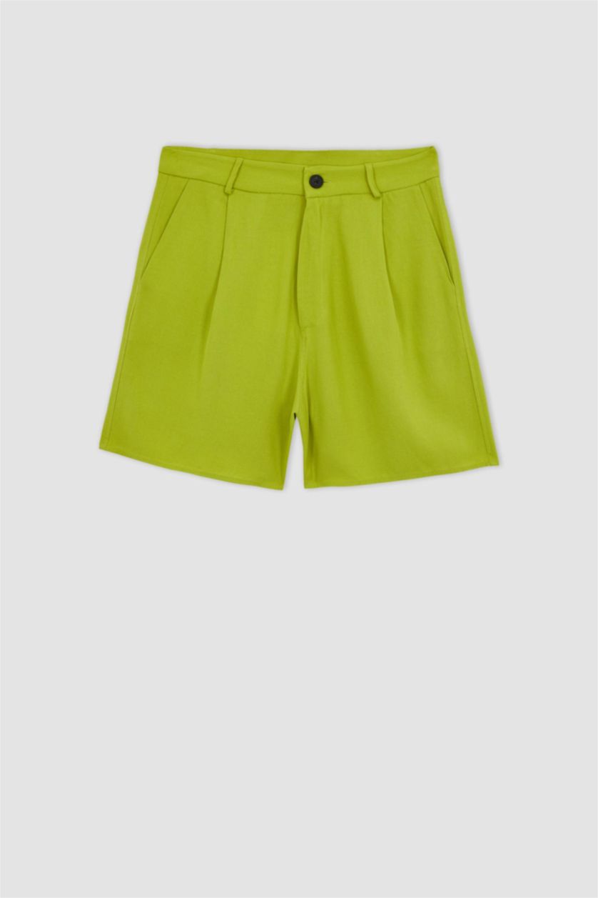 حريمي أخضر شورت كتان وايد ليج بخصر عالي