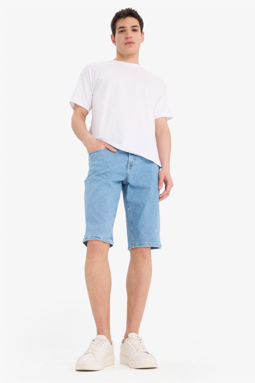 Man Light Blue Regular Fit Denim Bermuda