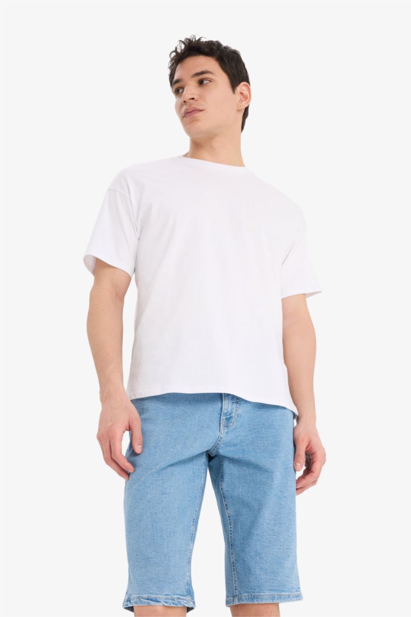 Man Light Blue Regular Fit Denim Bermuda
