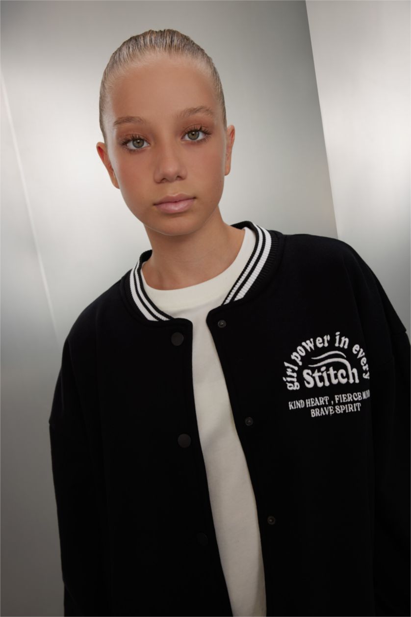 Young Girls - Teen Girls Black Girl College Collar Thick Fabric Bomber Cardigan