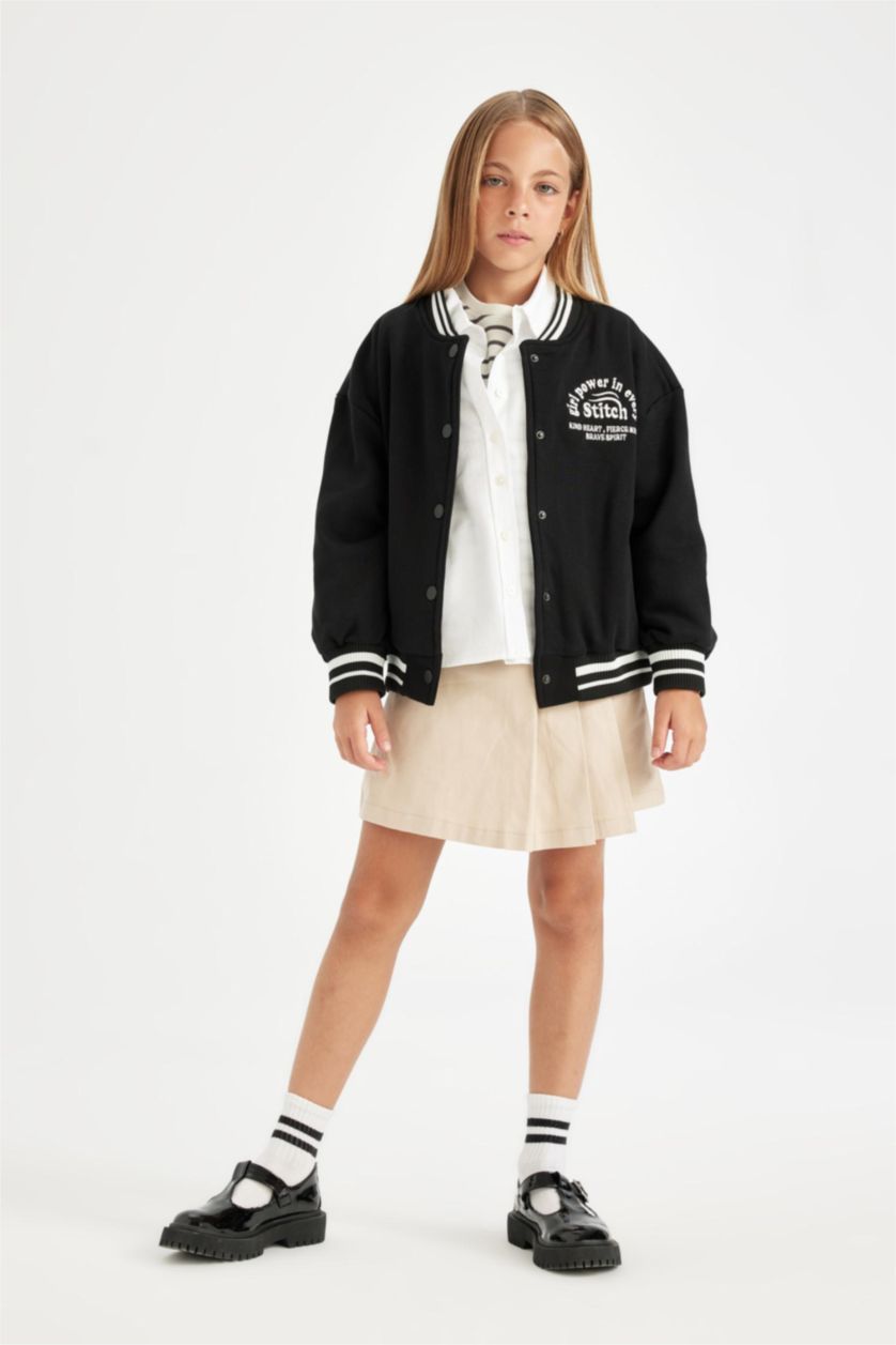 Young Girls - Teen Girls Black Girl College Collar Thick Fabric Bomber Cardigan