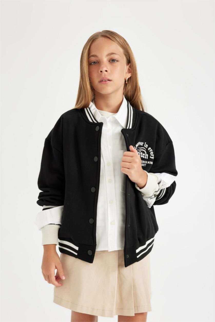 Young Girls - Teen Girls Black Girl College Collar Thick Fabric Bomber Cardigan