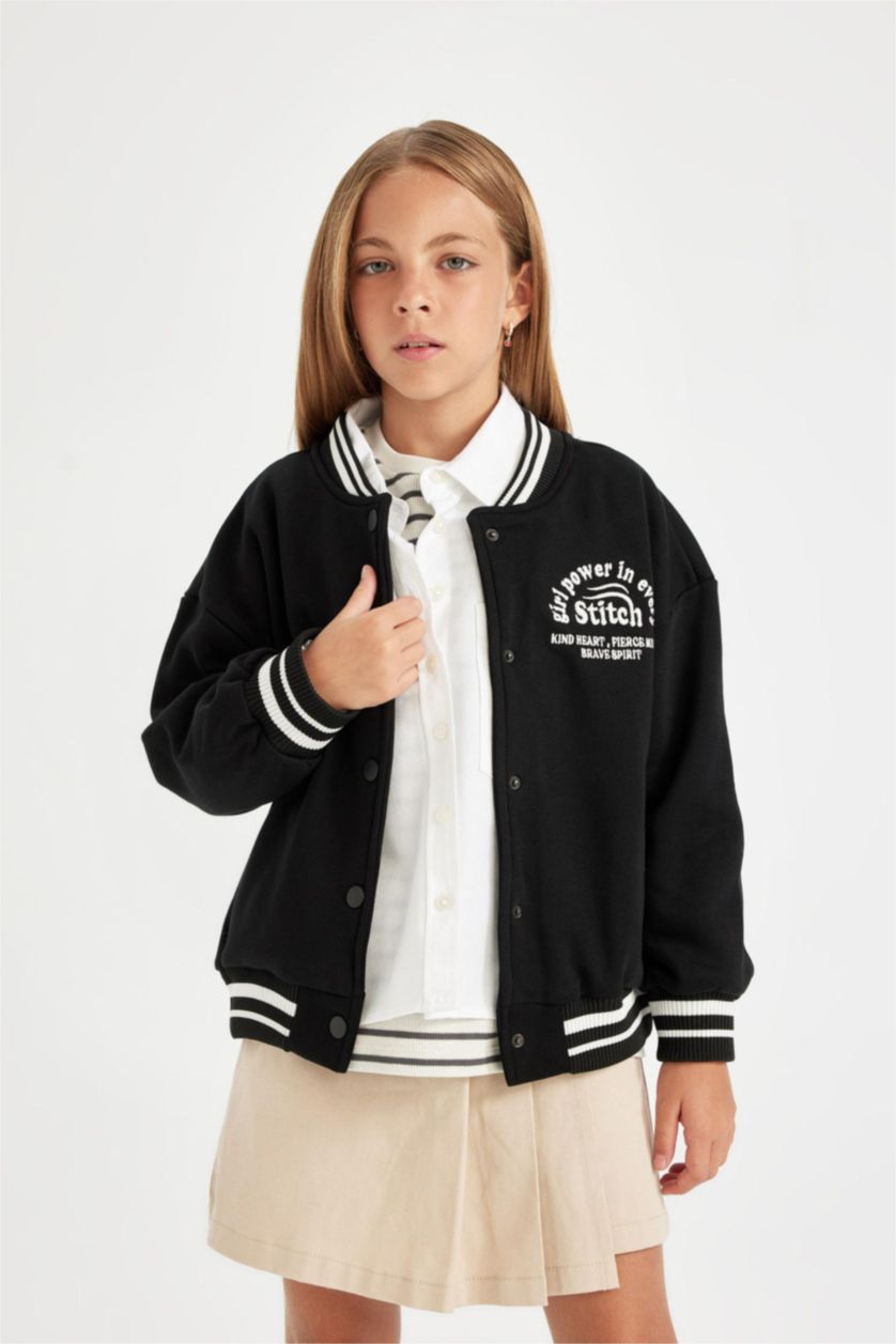 Young Girls - Teen Girls Black Girl College Collar Thick Fabric Bomber Cardigan