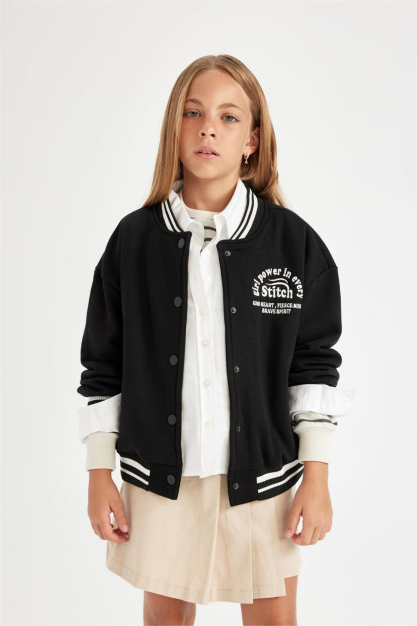 Young Girls - Teen Girls Black Girl College Collar Thick Fabric Bomber Cardigan