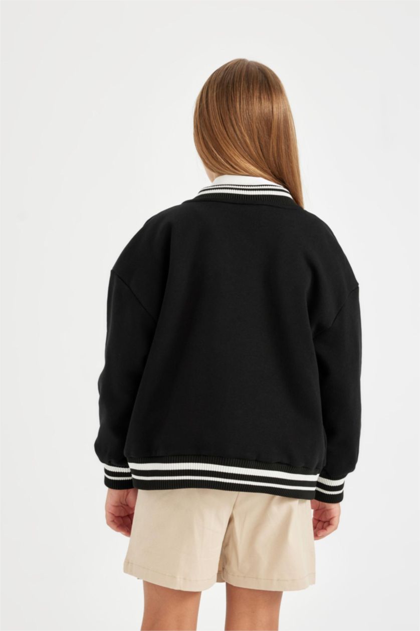 Young Girls - Teen Girls Black Girl College Collar Thick Fabric Bomber Cardigan