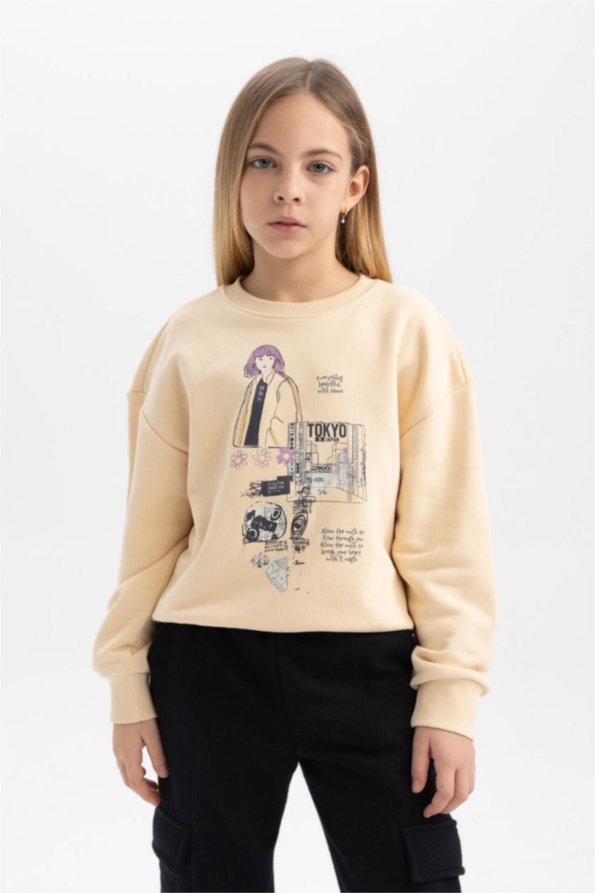 GIRLS & TEENS Light Beige Girl Crew Neck Printed Sweatshirt