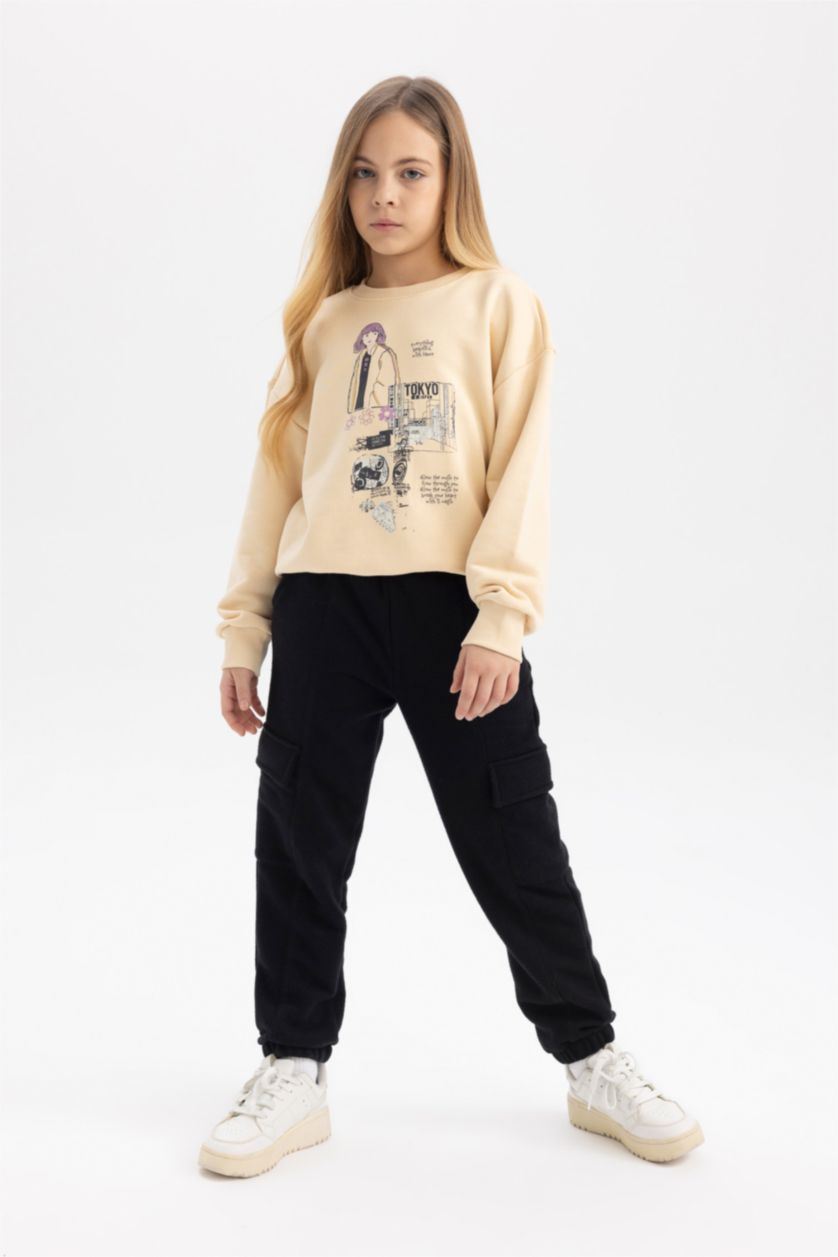 GIRLS & TEENS Light Beige Girl Crew Neck Printed Sweatshirt