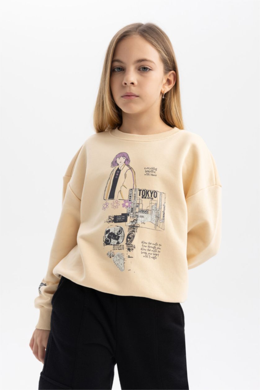 GIRLS & TEENS Light Beige Girl Crew Neck Printed Sweatshirt