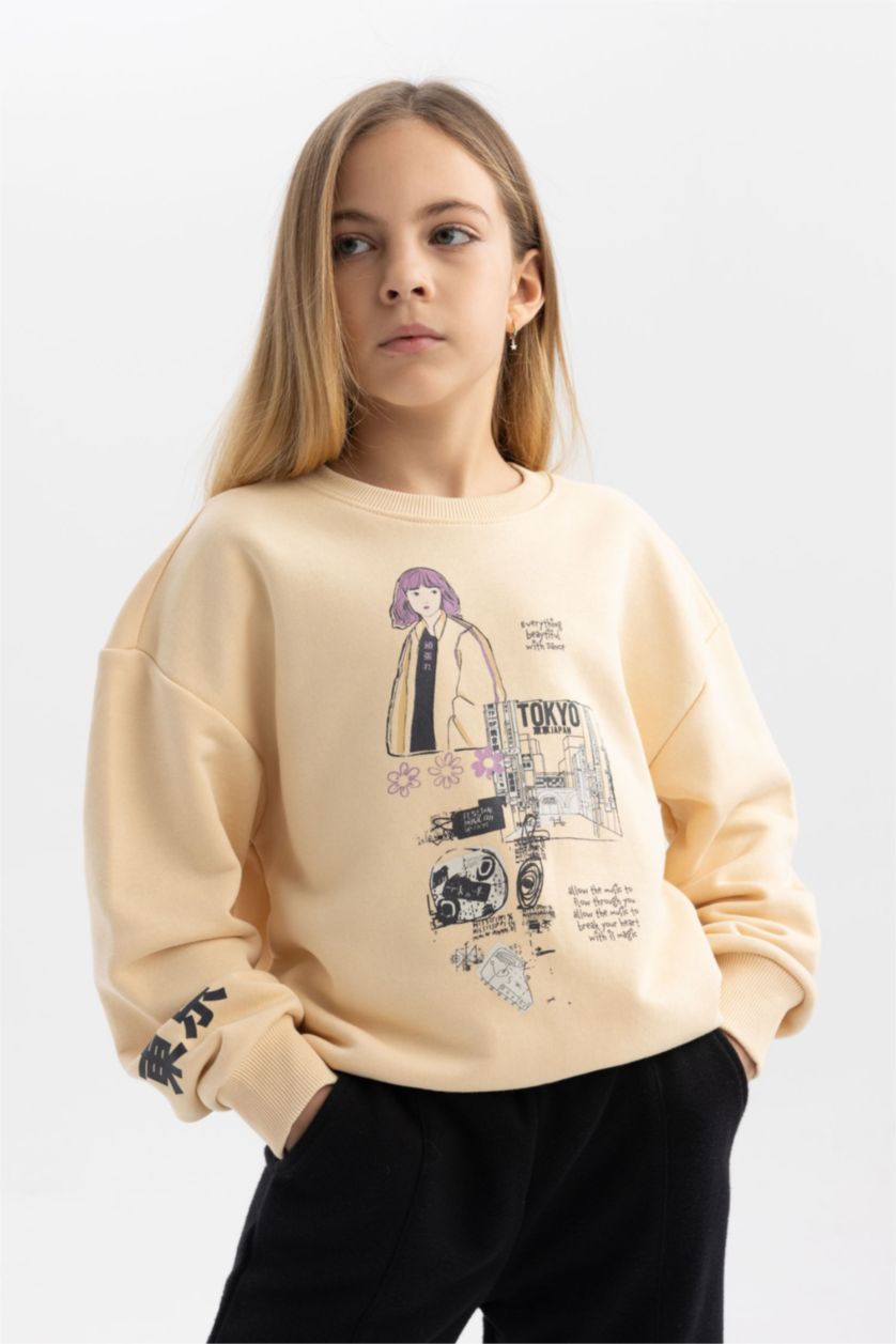 GIRLS & TEENS Light Beige Girl Crew Neck Printed Sweatshirt