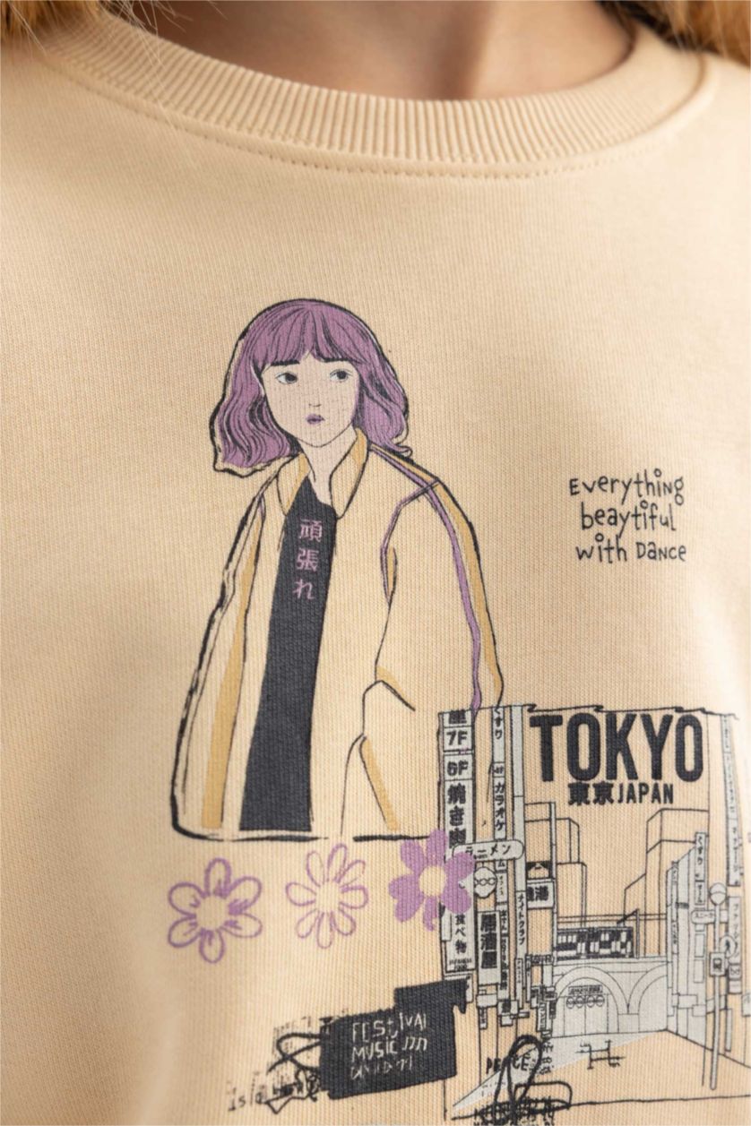 GIRLS & TEENS Light Beige Girl Crew Neck Printed Sweatshirt