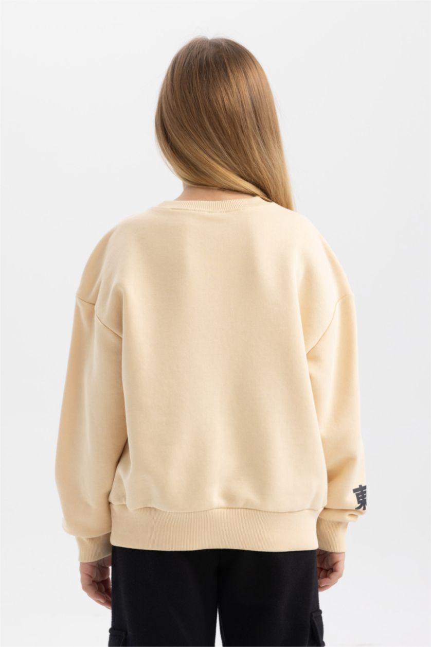 GIRLS & TEENS Light Beige Girl Crew Neck Printed Sweatshirt